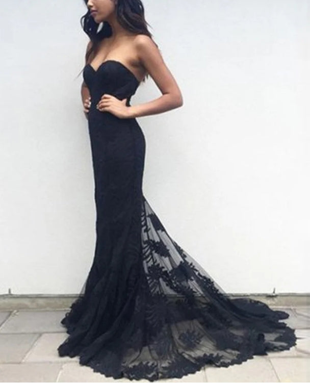 Luolandi Modern Lace Black Prom Dresses Mermaid Sweetheart Gowns With Chapel Train Charming Sexy Evening Dress